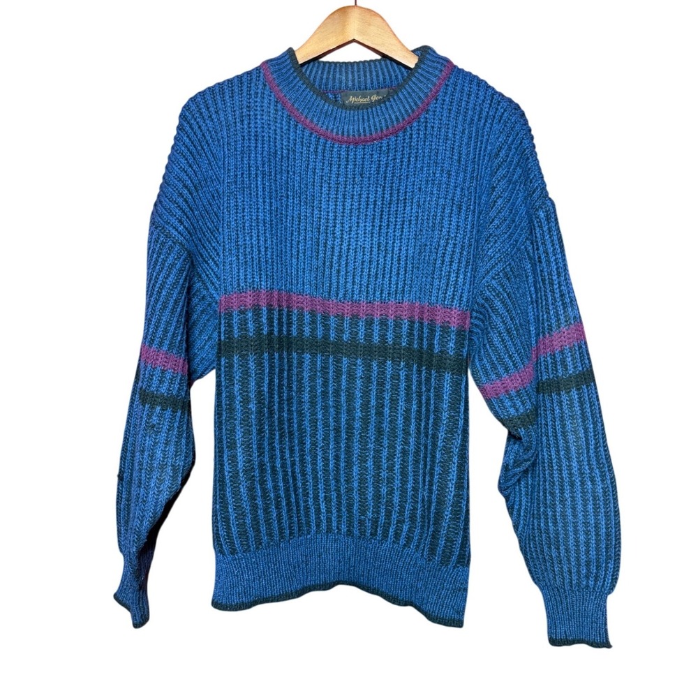 Michael Gerald Sweater Men XL Blue Good Striped Ribbed Knit Crewneck Vintage